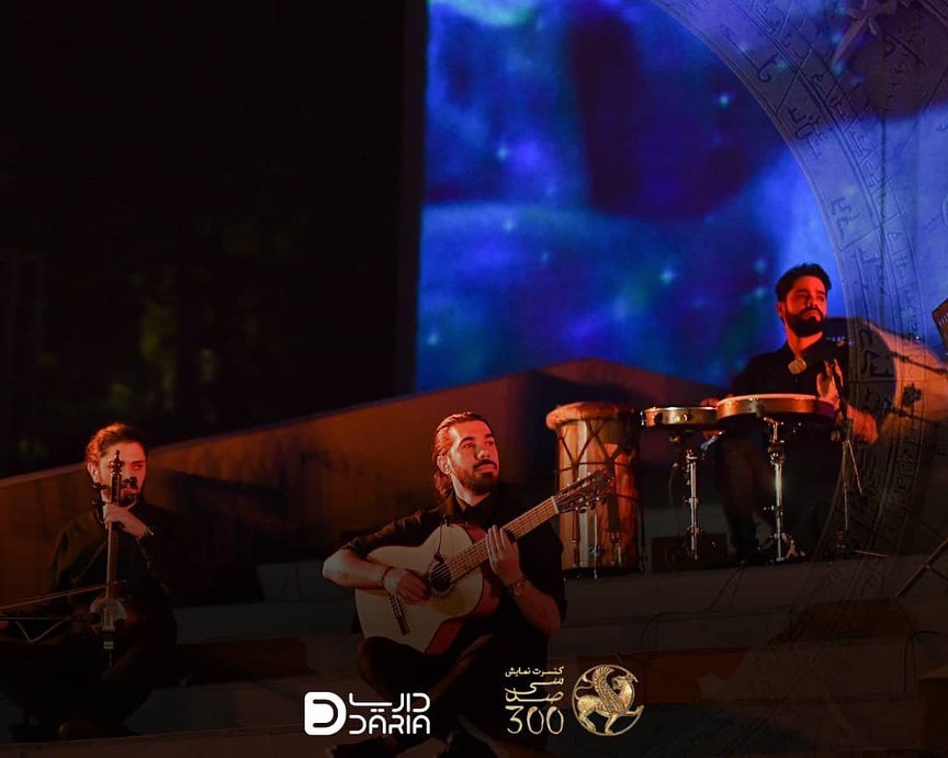 Aryan Rezaee playing percussion in the 300 Show, a concert-theater production at Saadabad Palace, 2022